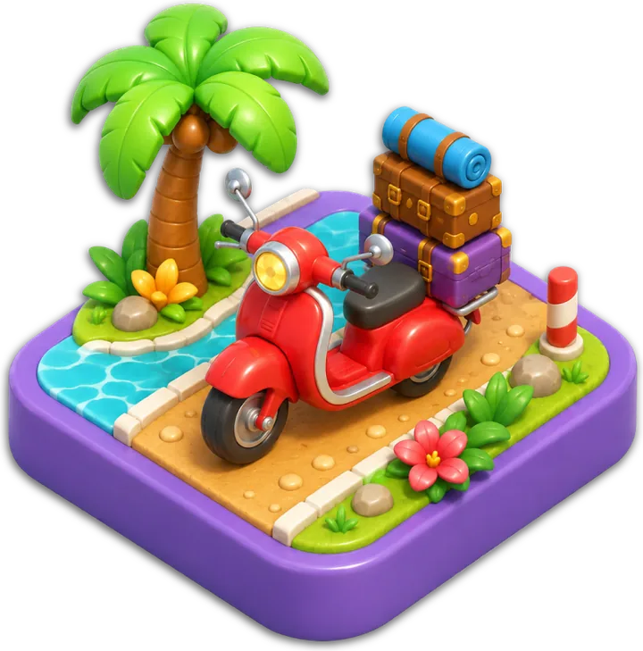 Holiday Road: a scooter loaded with luggage beside a palm tree
