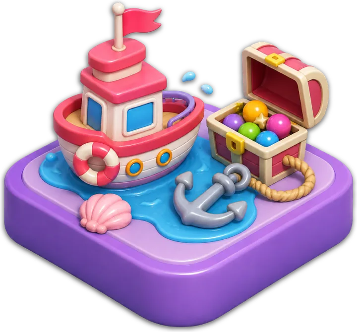 Treasure Island: a small boat beside an open treasure chest full of candy