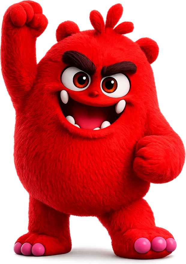 A round red monster with heavy eyebrows, punching the air