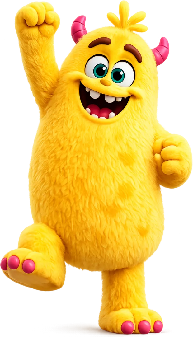 A tall yellow monster with pink horns, cheering