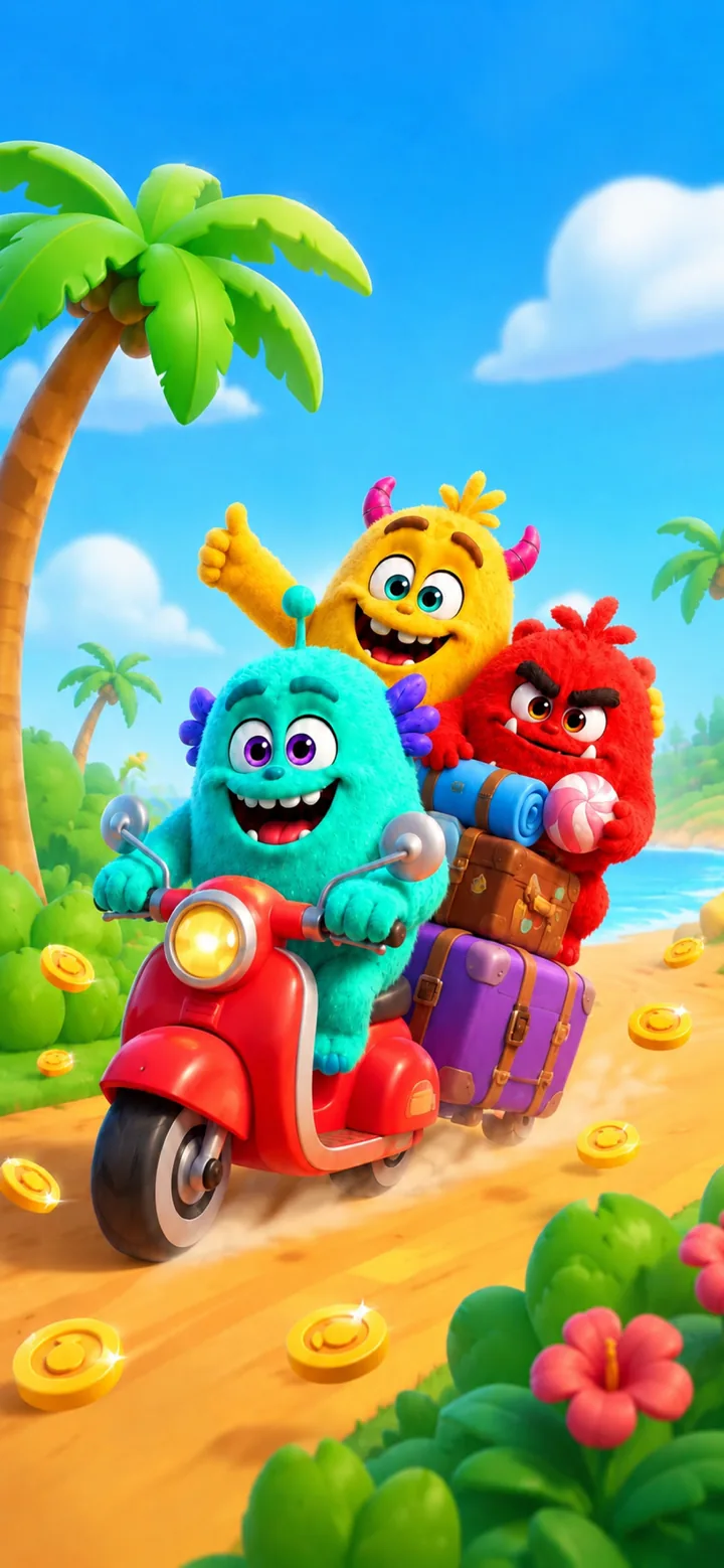 The three Monster Trip monsters riding a scooter loaded with luggage and candy down a beach road